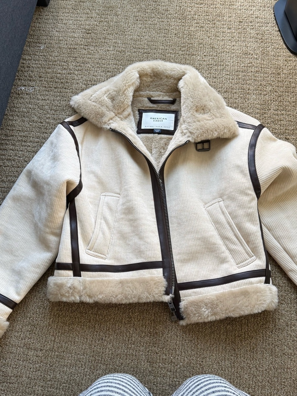 American Eagle Outfitters Cream Faux-Shearling Trim Pea Coat